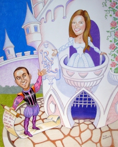 color pencil portrait of bride & groom as Romeo & Juliet used as sign-in-board at wedding