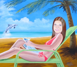 20"x23" acrylic painting of young lady lounging at the beach